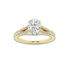 1.08 ctw Oval Lab-Grown Diamond Split Shank Side Stone Engagement Ring in 14K Yellow Gold for Women | Colorless E, VS1 Clarity, IGI Certified 0.75 ct Center Diamond