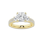 3.50 ctw Cushion Lab-Grown Diamond Three Stone Double Row Engagement Ring in 14K Yellow Gold for Women | D Color, VVS1 Clarity, IGI Certified 2.50 ct Center Diamond