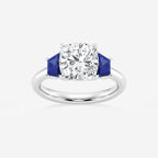 Camellia 3 ctw Cushion Lab Grown Diamond and 5.5x3.3x2.2 mm Trapezoid Created Sapphire Three-Stone Ring 14K White Gold, E, VS1 | IGI Certified, 3 ct Center
