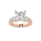 4.96 ctw Princess Lab-Grown Diamond Three Stone Double Row Engagement Ring in 14K Rose Gold for Women | E Color, VS1 Clarity, IGI Certified 4.00 ct Center Diamond