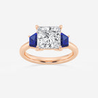 Camellia 3 ctw Princess Lab Grown Diamond and 5.5x3.3x2.2 mm Trapezoid Created Sapphire Three-Stone Ring 14K Rose Gold, E, VS1 | IGI Certified, 3 ct Center