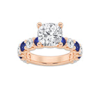Olivia 3 1/2 ctw Cushion Lab Grown Diamond and 3.5mm Round Created Sapphire Side Stone Engagement Ring 14K Rose Gold, D, VVS | IGI Certified, 2 1/2 ct Center