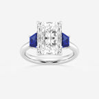Camellia 5 ctw Radiant Lab Grown Diamond and 5.5x3.3x2.2 mm Trapezoid Created Sapphire Three-Stone Ring Platinum, E, VS1 | IGI Certified, 5 ct Center