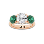 Hibiscus 3 ctw Round Lab Grown Diamond and 7.2 mm Round Shape Created Emerald Three-Stone Engagement Ring 14K Rose Gold, D, VVS | IGI Certified, 3 ct Center