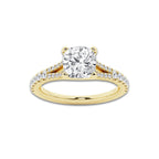 3.33 ctw Cushion Lab-Grown Diamond Split Shank Side Stone Engagement Ring in 14K Yellow Gold for Women | Colorless E, VS1 Clarity, IGI Certified 3.00 ct Center Diamond