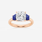 Camellia 3 ctw Cushion Lab Grown Diamond and 5.5x3.3x2.2 mm Trapezoid Created Sapphire Three-Stone Ring 14K Rose Gold, E, VS1 | IGI Certified, 3 ct Center