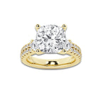 6.96 ctw Cushion Lab-Grown Diamond Three Stone Double Row Engagement Ring in 14K Yellow Gold for Women | D Color, VVS1 Clarity, IGI Certified 6.00 ct Center Diamond