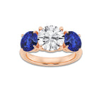 Hibiscus 3 ctw Round Lab Grown Diamond and 7.2 mm Round Shape Created Sapphire Three-Stone Engagement Ring 14K Rose Gold, D, VVS | IGI Certified, 3 ct Center