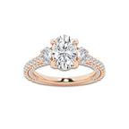 Hyacinth 3 1/10 ctw Oval Lab Grown Diamond Three Stone Engagement Ring with Side Diamonds 14K Rose Gold, E, VS1 | IGI Certified, 2 ct Center