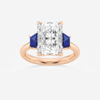 Camellia 5 ctw Radiant Lab Grown Diamond and 5.5x3.3x2.2 mm Trapezoid Created Sapphire Three-Stone Ring 14K Rose Gold, E, VS1 | IGI Certified, 5 ct Center