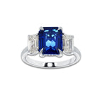 Freesia 10X8mm Emerald Cut Created Sapphire and 1 7/8 ctw Round Lab Grown Diamond Three-Stone Engagement Ring 14K White Gold