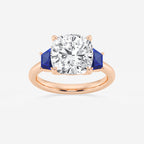 Camellia 5 ctw Cushion Lab Grown Diamond and 5.5x3.3x2.2 mm Trapezoid Created Sapphire Three-Stone Ring 14K Rose Gold, E, VS1 | IGI Certified, 5 ct Center