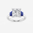 Camellia 4 ctw Princess Lab Grown Diamond and 5.5x3.3x2.2 mm Trapezoid Created Sapphire Three-Stone Ring Platinum, E, VS1 | IGI Certified, 4 ct Center