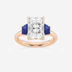 Camellia 4 ctw Radiant Lab Grown Diamond and 5.5x3.3x2.2 mm Trapezoid Created Sapphire Three-Stone Ring 14K Rose Gold, E, VS1 | IGI Certified, 4 ct Center