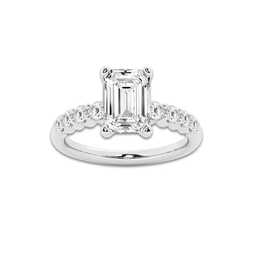 5.66 Ct Emerald Lab-Grown Diamond Half Eternity Engagement Ring in 14K White Gold for Female, Colorless (D), VVS1 Clarity | IGI Certified, 5.00 Ct Center Diamond