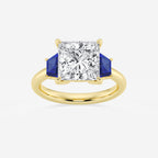 Camellia 4 ctw Princess Lab Grown Diamond and 5.5x3.3x2.2 mm Trapezoid Created Sapphire Three-Stone Ring 14K Yellow Gold, E, VS1 | IGI Certified, 4 ct Center