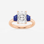 Camellia 3 ctw Radiant Lab Grown Diamond and 5.5x3.3x2.2 mm Trapezoid Created Sapphire Three-Stone Ring 14K Rose Gold, E, VS1 | IGI Certified, 3 ct Center