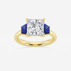 Camellia 3 ctw Princess Lab Grown Diamond and 5.5x3.3x2.2 mm Trapezoid Created Sapphire Three-Stone Ring 14K Yellow Gold, E, VS1 | IGI Certified, 3 ct Center