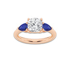 Valerie 2 ctw Cushion Lab Grown Diamond and 6.0x3.8 mm Pear Shape Created Sapphire Side Stone Engagement Ring 14K Rose Gold, D, VVS | IGI Certified, 2 ct Center