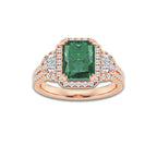 Carnation 9X7 mm Radiant Cut Created Emerald and 7/8 ctw Round and Half Moon Lab Grown Diamond Side Stone Engagement Ring 14K Rose Gold