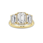 4 1/2 ctw Emerald Lab Grown Diamond Shadow Halo Three Stone Engagement Ring 14K Yellow Gold, E, VS1 | 2 1/2 ct Center