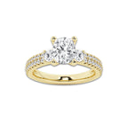 2.96 ctw Elongated Cushion Lab-Grown Diamond Three Stone Double Row Engagement Ring in 14K Yellow Gold for Women | E Color, VS1 Clarity, IGI Certified 2.00 ct Center Diamond