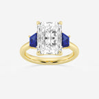 Camellia 5 ctw Radiant Lab Grown Diamond and 5.5x3.3x2.2 mm Trapezoid Created Sapphire Three-Stone Ring 14K Yellow Gold, E, VS1 | IGI Certified, 5 ct Center