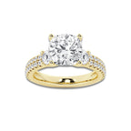 4.46 ctw Cushion Lab-Grown Diamond Three Stone Double Row Engagement Ring in 14K Yellow Gold for Women | E Color, VS1 Clarity, IGI Certified 3.50 ct Center Diamond