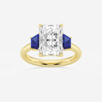 Camellia 4 ctw Radiant Lab Grown Diamond and 5.5x3.3x2.2 mm Trapezoid Created Sapphire Three-Stone Ring 14K Yellow Gold, E, VS1 | IGI Certified, 4 ct Center
