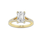 3.33 ctw Emerald Lab-Grown Diamond Split Shank Side Stone Engagement Ring in 14K Yellow Gold for Women | Colorless D, VVS1 Clarity, IGI Certified 3.00 ct Center Diamond