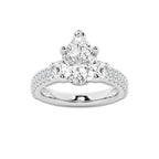 4.00 ctw Pear Lab-Grown Diamond Three Stone Double Row Engagement Ring in Platinum for Women | E Color, VS1 Clarity, IGI Certified 3.00 ct Center Diamond