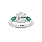 3 ctw Round Lab Grown Diamond and 6.0x3.8 mm Pear Shape Created Emerald Side Stone Engagement Ring Platinum, E, VS1 | 3 ct Center