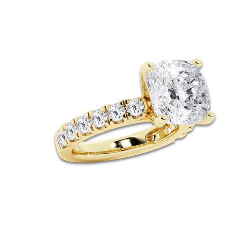 7.00 ctw Cushion Lab-Grown Diamond Split-Prong Set Side Stone Engagement Ring in 14K Yellow Gold for Women | Colorless E, VS1 Clarity, IGI Certified 6.00 ct Center Diamond
