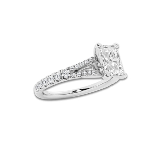 1.08 ctw Radiant Lab-Grown Diamond Split Shank Side Stone Engagement Ring in Platinum for Women | Colorless E, VS1 Clarity, IGI Certified 0.75 ct Center Diamond