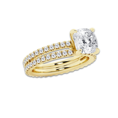 3.39 ctw Cushion Lab-Grown Diamond Double Row Diamond Engagement Ring in 14K Yellow Gold for Women | Colorless E, VS1 Clarity, IGI Certified 2.50 ct Center Diamond