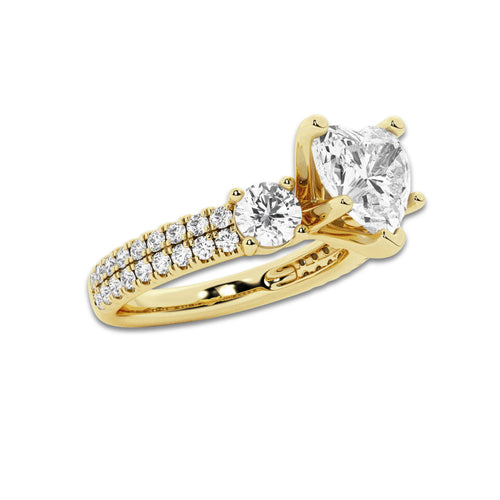 3.00 ctw Heart Lab-Grown Diamond Three Stone Double Row Engagement Ring in 14K Yellow Gold for Women | D Color, VVS1 Clarity, IGI Certified 2.00 ct Center Diamond