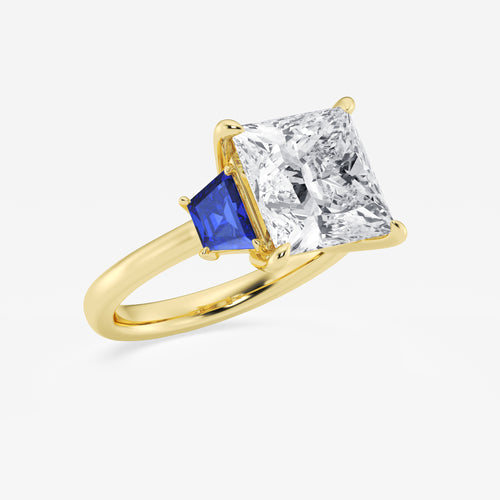 Camellia 5 ctw Princess Lab Grown Diamond and 5.5x3.3x2.2 mm Trapezoid Created Sapphire Three-Stone Ring 14K Yellow Gold, E, VS1 | IGI Certified, 5 ct Center