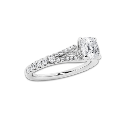 1.08 ctw Cushion Lab-Grown Diamond Split Shank Side Stone Engagement Ring in Platinum for Women | Colorless E, VS1 Clarity, IGI Certified 0.75 ct Center Diamond