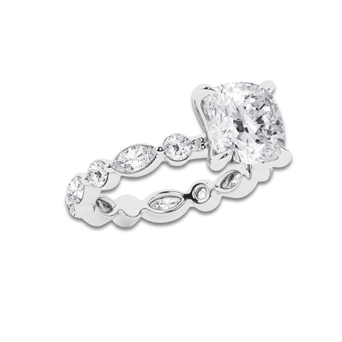 4 5/8 ctw Cushion Lab Grown Diamond Solitaire Alternating Round and Marquise Eternity Engagement Ring Platinum, D, VVS | 3 ct Center