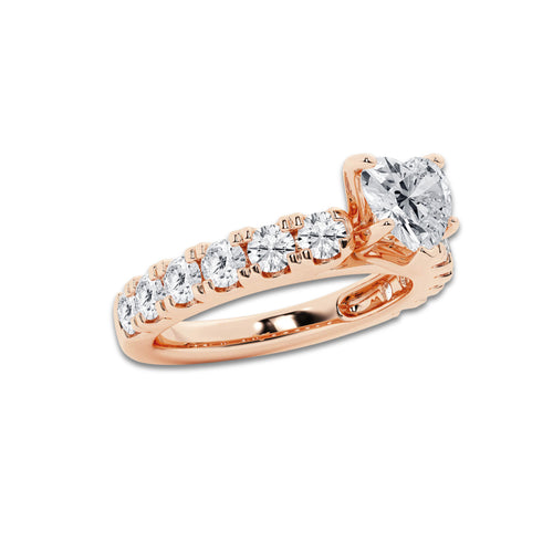 2.00 ctw Heart Lab-Grown Diamond Split-Prong Set Side Stone Engagement Ring in 14K Rose Gold for Women | Colorless D, VVS1 Clarity, IGI Certified 1.00 ct Center Diamond