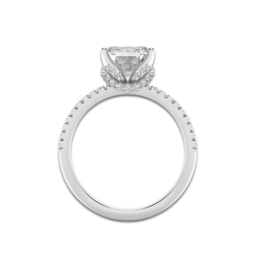 4 2/5 ctw Emerald Lab Grown Diamond Split Shank Draped Hidden Halo Engagement Ring Platinum, E, VS1 | 4 ct Center