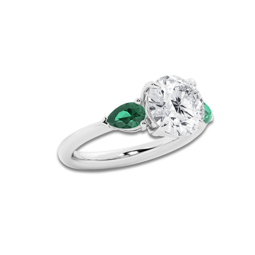 3 ctw Round Lab Grown Diamond and 6.0x3.8 mm Pear Shape Created Emerald Side Stone Engagement Ring Platinum, E, VS1 | 3 ct Center