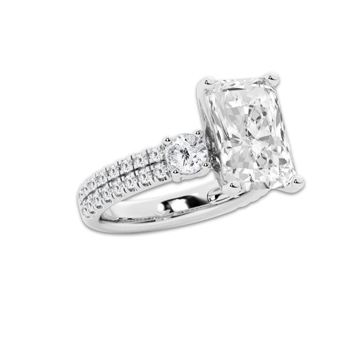 6.96 ctw Radiant Lab-Grown Diamond Three Stone Double Row Engagement Ring in Platinum for Women | E Color, VS1 Clarity, IGI Certified 6.00 ct Center Diamond