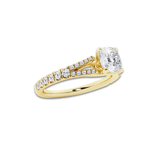 1.33 ctw Cushion Lab-Grown Diamond Split Shank Side Stone Engagement Ring in 14K Yellow Gold for Women | Colorless E, VS1 Clarity, IGI Certified 1.00 ct Center Diamond