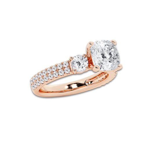 3.50 ctw Cushion Lab-Grown Diamond Three Stone Double Row Engagement Ring in 14K Rose Gold for Women | D Color, VVS1 Clarity, IGI Certified 2.50 ct Center Diamond