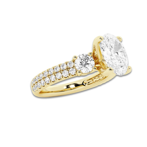 1.75 ctw Oval Lab-Grown Diamond Three Stone Double Row Engagement Ring in 14K Yellow Gold for Women | D Color, VVS1 Clarity, IGI Certified 1.00 ct Center Diamond