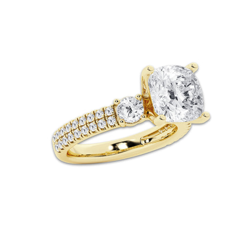 4.96 ctw Cushion Lab-Grown Diamond Three Stone Double Row Engagement Ring in 14K Yellow Gold for Women | D Color, VVS1 Clarity, IGI Certified 4.00 ct Center Diamond