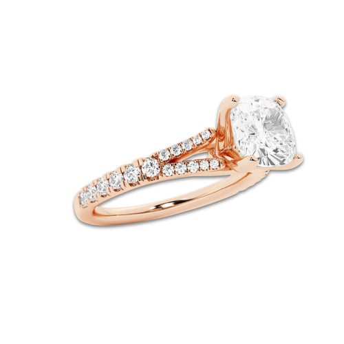 1.83 ctw Cushion Lab-Grown Diamond Split Shank Side Stone Engagement Ring in 14K Rose Gold for Women | Colorless E, VS1 Clarity, IGI Certified 1.50 ct Center Diamond