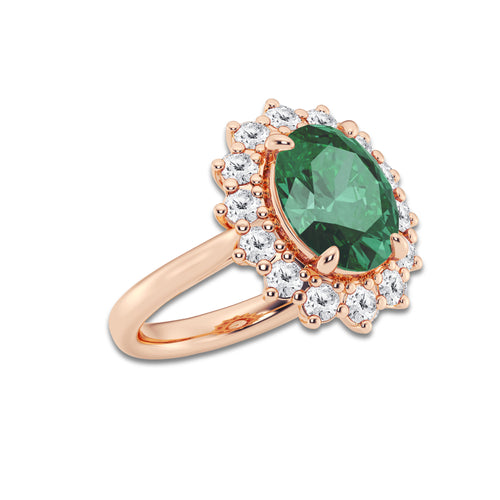 Petunia 3 7/8 ctw Oval Cut Emerald and Round Lab Grown Diamond Halo Engagement Ring 14K Rose Gold | 3 ct Center