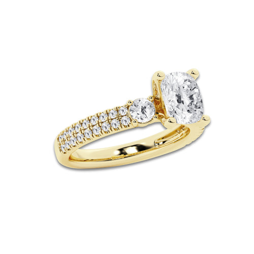 2.96 ctw Elongated Cushion Lab-Grown Diamond Three Stone Double Row Engagement Ring in 14K Yellow Gold for Women | E Color, VS1 Clarity, IGI Certified 2.00 ct Center Diamond